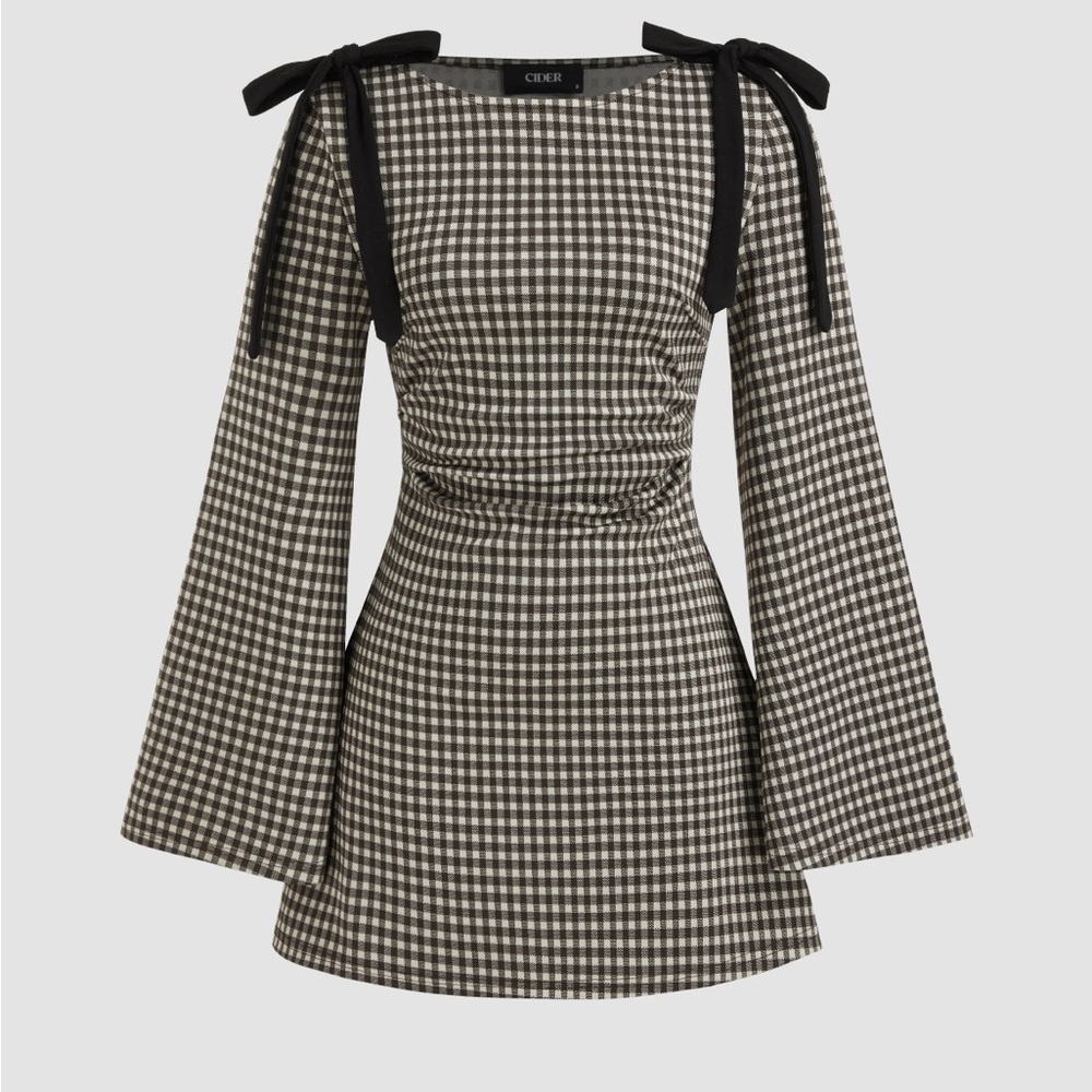 Boat Neck Gingham 60's Ruched Mini Dress with Shoulder Bows